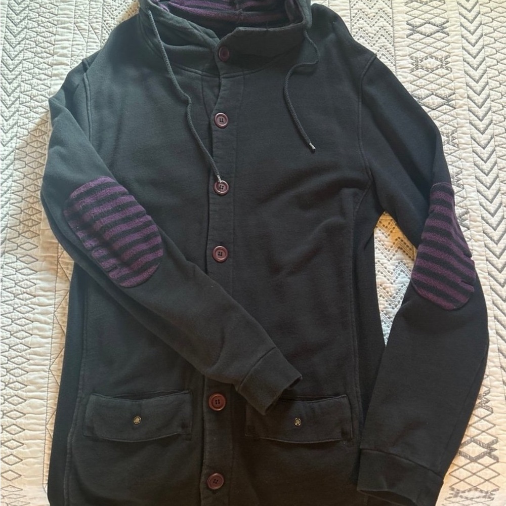 Black Hooded Cardigan with Purple Accents